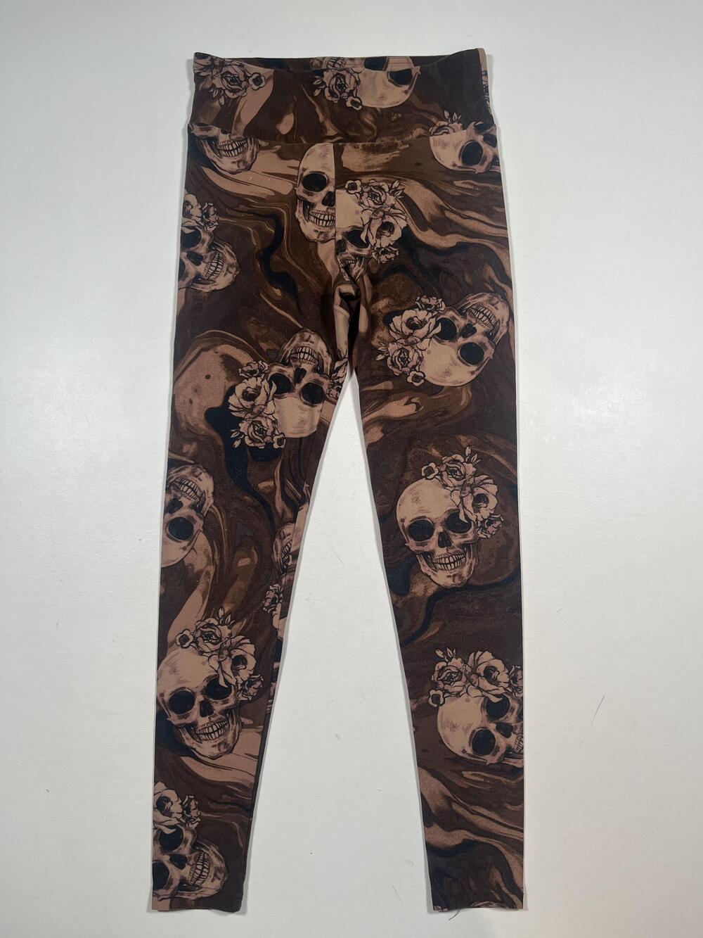 No Boundaries Leggings Womens S/M Brown Skull Floral Tie Dye Ankle Stretch